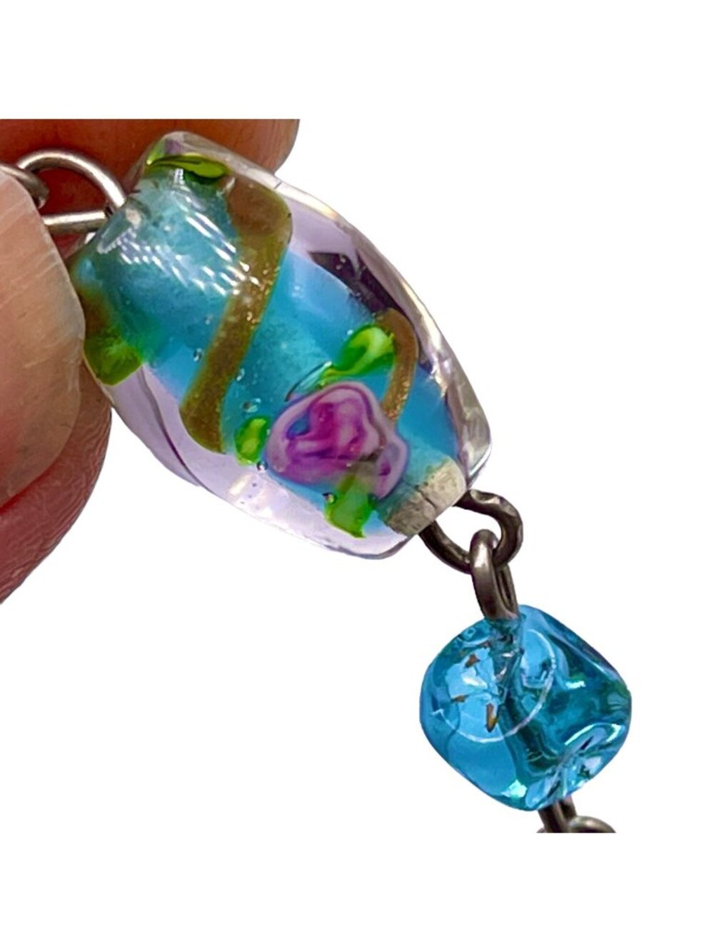 Handmade Glass Bead Lavalier Necklace Teal Gold Pink Rose Sterling Vintage 1950s - Picture 7 of 13